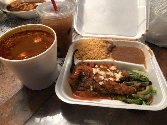 Menudo, agua de chilacayote and the combination plate of two chiles rellenos with rice and beans. The plate included a soft taco as well.