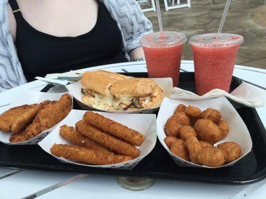 Fried cheese, tenders, and pesto chicken with a few daiquiris