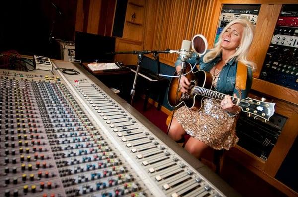 In the recording studio with singer songwriter Katy Graves.
 photo by Vanessa V.