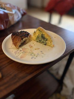 Nutella croissant (left) and spinach arancini (right)