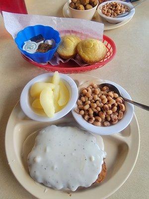 Country fried steak, pears, black eyed peas and great corn bread.