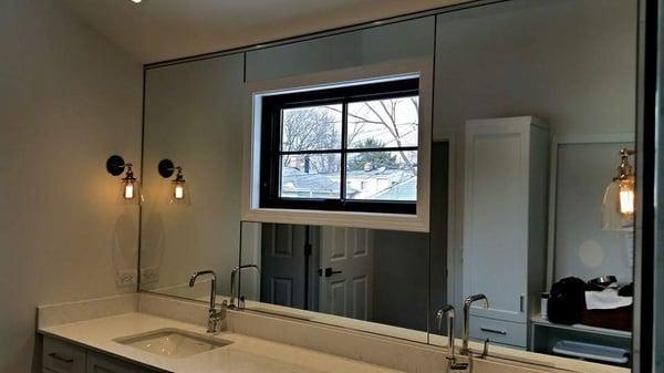 Great Mirror idea for a misplaced window in front of the vanity