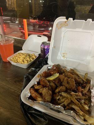 Wings and Shrimp Bang Box with Bacon Loaded Fries, Jalapeño Mac and Cheese, and Kool-Aid.