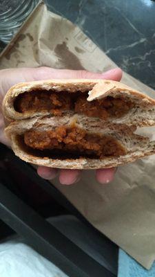 Inside of the calabaza (pumpkin) empanada. Not much flavor or anything. Bread/dough was good but that is it.