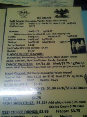 Ice cream menu