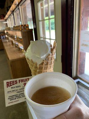 Apple favored ice cream cone and apple cider slushy.