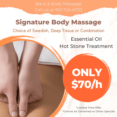 Get 1 Free Service After 10 Visits
 Back & Body Massage
 Call us at 913-745-6733