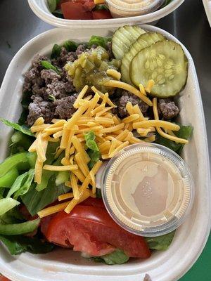 Summer featured Hamburger Salad. All the fixings minus the buns.