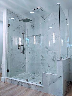 Beautiful Custom Showers built to fit. Tile pros available upon request from our Network of Trusted Professionals. 
www.MalibuGlassMI.com