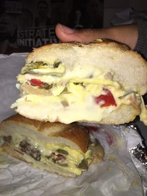 scrambled eggs w/cheese, mushrooms, & peppers on a round roll. Nice n full!