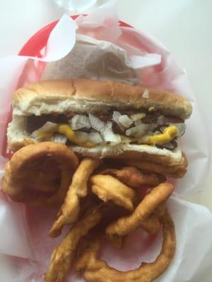 Coney dog & burger combo with, of course, onion rings.