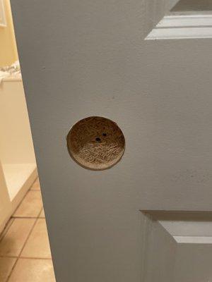 Missing handle pull on the particle board door to the toilet.