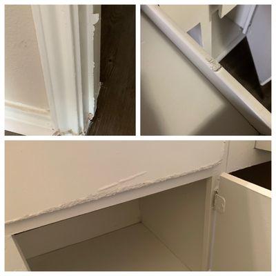 Shoddy paint job, ugly cabinet doors, improper sliding cabinets.