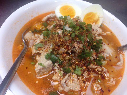 Noodle soup with pork and the hard boiled eggs