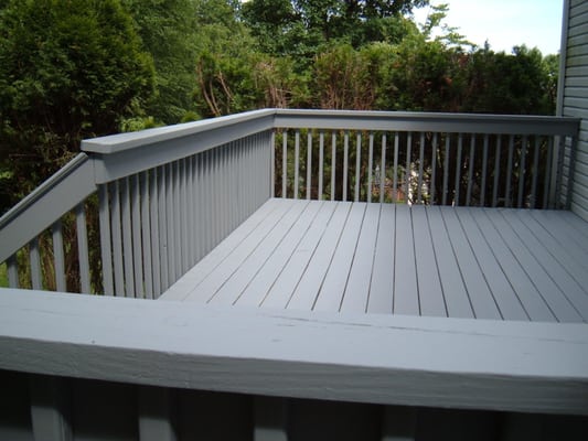 Finished the deck with Benjamin Moore's Arbor Coat Solid Latex Stain. The color is Stonehendge Gray.  6/2014