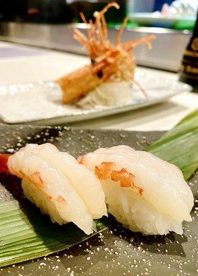 Amaebi Sushi, spot prawns with crisp fried cold water shrimp head.