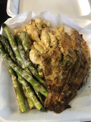 Grilled catfish with seafood mac and asparagus. Delicious!