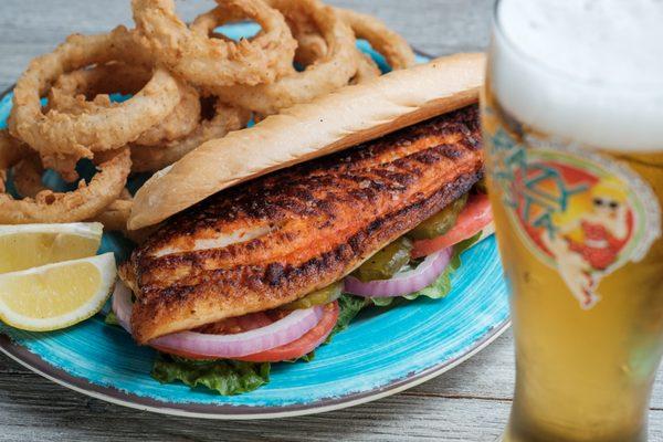 Blackened Snapper Sandwich with Onion Rings