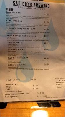 Beer and seltzer menu