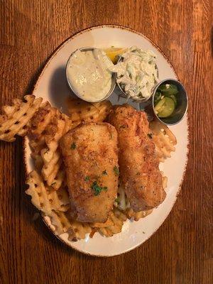 FISH & CHIPS beer-battered cod, criss cut fries, coleslaw, sweet curry pickles, tartar sauce