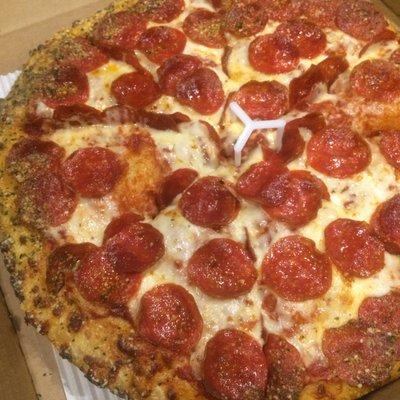 Large dbl pepperoni pan pizza with Hut Favorite crust.  Delicious