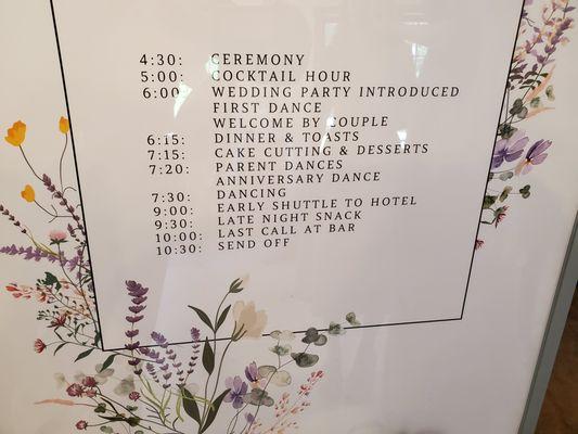 Wedding schedule posted in the lobby for everyone to plan your evening.