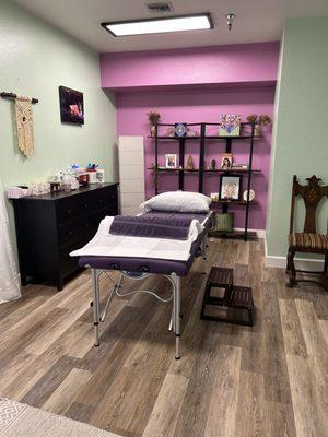 My tranquil treatment room. Lots of love was put into creating the space with new floors and soothing wall colors.