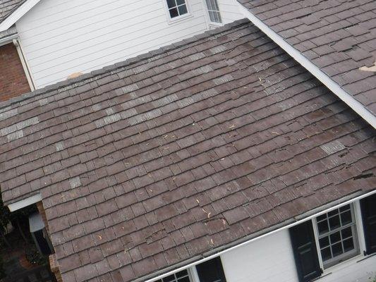 This concrete tile roof is in desperate need of a  roofer!