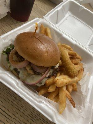 Mushroom Swiss burger with French fries