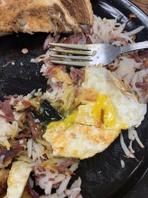 Egg OM, Corned Beef Hash, Rye toast, and Homefries (not pictured)