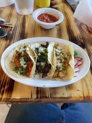 One each chicken, beef and shrimp tacos