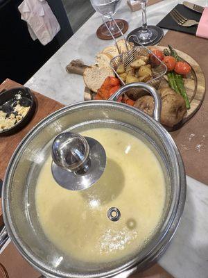 Cheese fondue with grilled veggies