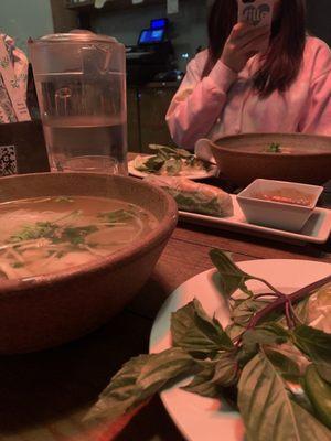 garnish (bean sprouts, jalapeño, lime, basil) and Chicken Pho (front)