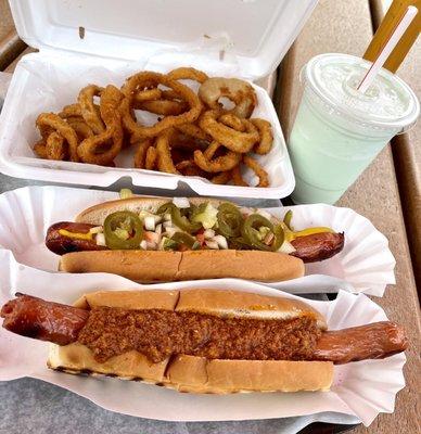 Michigan hot dog, Chicago hot dog, onion rings and small pistachio milkshake