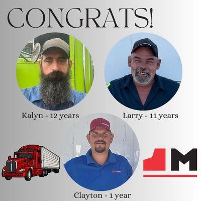 Congratulations to our employees celebrating work anniversaries this month! We appreciate your service and dedication to Monday Trailers!