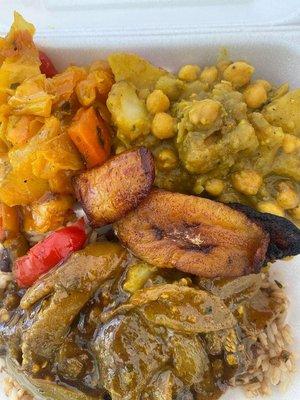 Vegetarian:  Curry Chickpeas & Potatoes, Fried Plantains, Eggplant curry, Rice & Peas, Veggie Medley