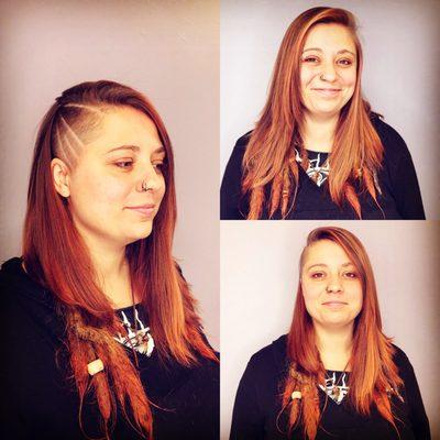 side shave with design and balayage coper color with dreadlock.