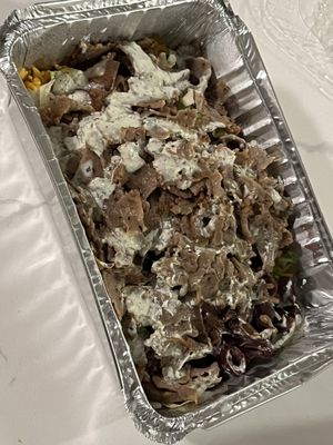 BYO Bowl Double Shaved Lamb, Basmati Rice, Sauteed Onions, Shredded Lettuce, Kalamata Olive Halves, and extra tzatziki