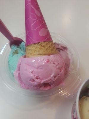 Bubble gum, cherry jubilee, and pistachio...3 scoops