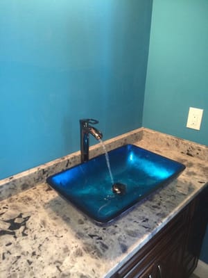 Vessel style sink and faucet installation.