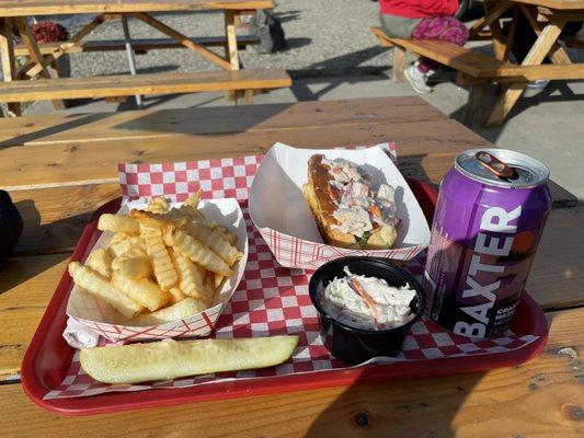 Lobster roll, cold, with fries and pickle: $28.99. Cole slaw (and beer) extra. 10/20/21.