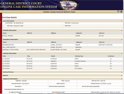 Please see the case resolved for the plaintiff -Fairfax County District Court case number GV18005396-00.