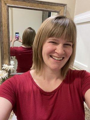 A tousled layered look with choppy ends. A low maintanance yet stylish look for when my baby is born. Kathy got it exactly right!