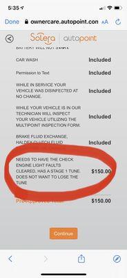 Charge for clearing engine fault