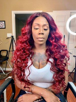 Custom color red lace frontal wig install