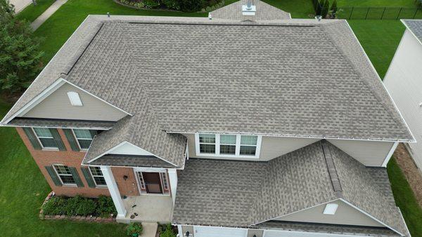 DGB Roofing Aerial View. Architectural Asphalt Shingles, Weathered Wood Color