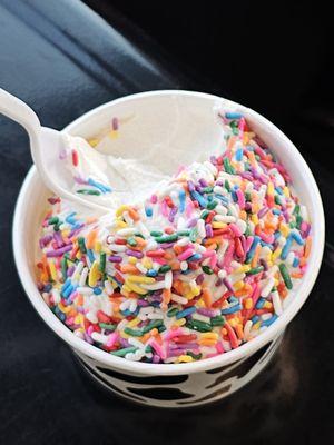 A small vanilla ice cream with sprinkles