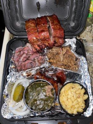 Meat Sampler (Ribs, Pulled Pork, Pit-Beef, Sausage, Greens & Macaroni