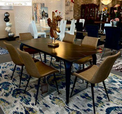 gorgeous dining tables with their accessories all available 100% interest free! stop by to see whats in stock for you!