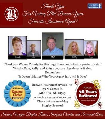 The results are in for the 5th Annual Goldsboro News-Argus Readers' Choice favorites. Guess who won Favorite Insurance Agent? PHIL DID!!!